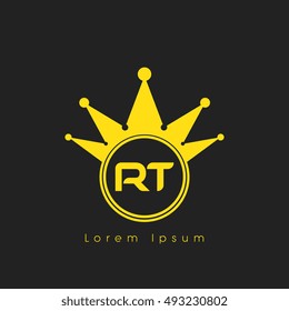 Logo letters R and T yellow crowned. Crown logotype design template on black background