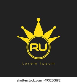 Logo letters R and U yellow crowned. Crown logotype design template on black background