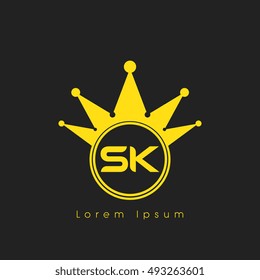 Logo letters S and K yellow crowned. Crown logotype design template on black background