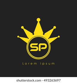 Logo letters S and P yellow crowned. Crown logotype design template on black background