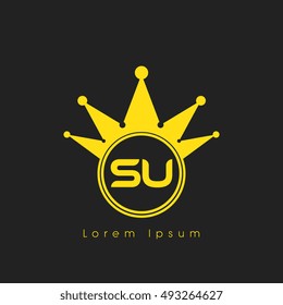 Logo letters S and U yellow crowned. Crown logotype design template on black background