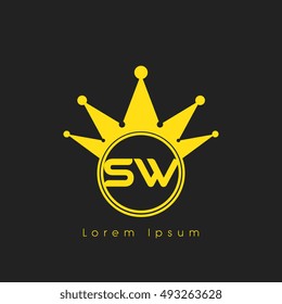 Logo letters S and W yellow crowned. Crown logotype design template on black background