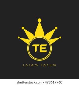 Logo letters t and e yellow crowned. Crown logotype design template on black background