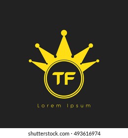 Logo letters T and F yellow crowned. Crown logotype design template on black background