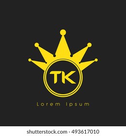Logo letters T and K yellow crowned. Crown logotype design template on black background