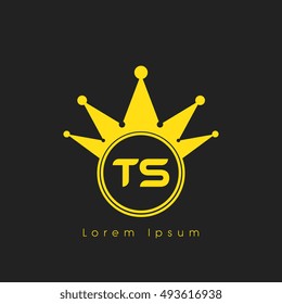 Logo letters T and S yellow crowned. Crown logotype design template on black background