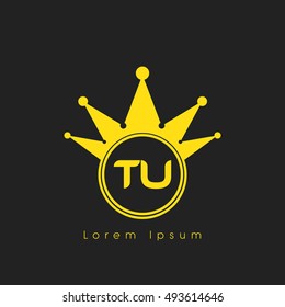 Logo letters T and U yellow crowned. Crown logotype design template on black background