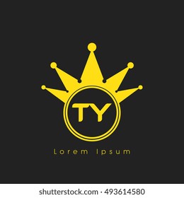 Logo letters T and Y yellow crowned. Crown logotype design template on black background