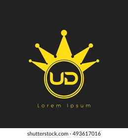Logo letters U and D yellow crowned. Crown logotype design template on black background