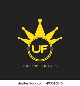 Logo letters U and F yellow crowned. Crown logotype design template on black background