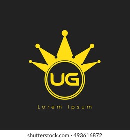 Logo letters U and G yellow crowned. Crown logotype design template on black background