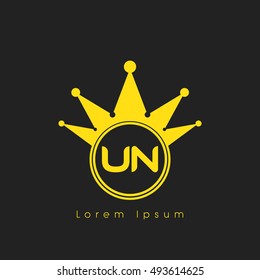 Logo letters U and N yellow crowned. Crown logotype design template on black background