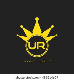 Logo letters U and R yellow crowned. Crown logotype design template on black background