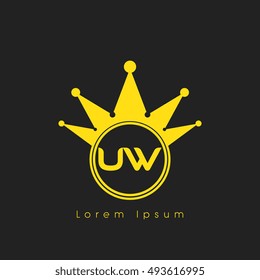 Logo letters U and W yellow crowned. Crown logotype design template on black background