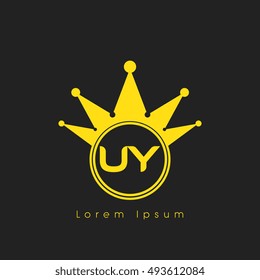 Logo letters U and Y yellow crowned. Crown logotype design template on black background
