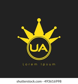 Logo letters U and A yellow crowned. Crown logotype design template on black background