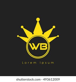 Logo letters V and B yellow crowned. Crown logotype design template on black background