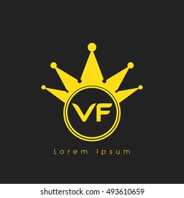 Logo letters V and F yellow crowned. Crown logotype design template on black background