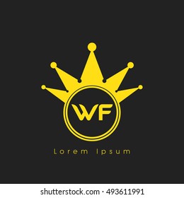 Logo letters V and F yellow crowned. Crown logotype design template on black background