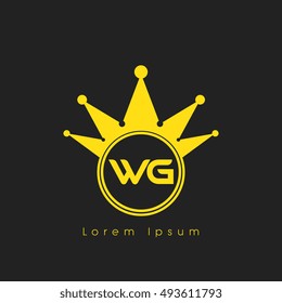 Logo letters V and G yellow crowned. Crown logotype design template on black background