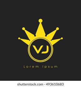 Logo letters V and J yellow crowned. Crown logotype design template on black background