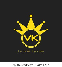 Logo letters V and K yellow crowned. Crown logotype design template on black background
