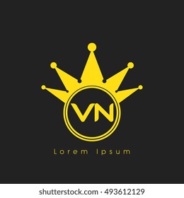 Logo letters V and N yellow crowned. Crown logotype design template on black background