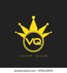 Logo letters V and Q yellow crowned. Crown logotype design template on black background
