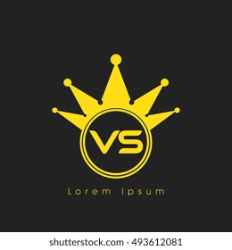 Logo letters V and S yellow crowned. Crown logotype design template on black background