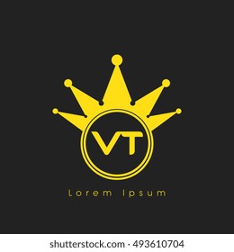 Logo letters V and T yellow crowned. Crown logotype design template on black background