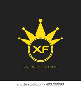 Logo letters X and F yellow crowned. Crown logotype design template on black background