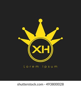Logo letters X and H yellow crowned. Crown logotype design template on black background