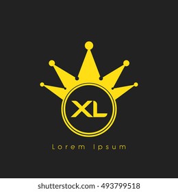 Logo letters X and L yellow crowned. Crown logotype design template on black background