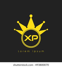 Logo letters X and P yellow crowned. Crown logotype design template on black background