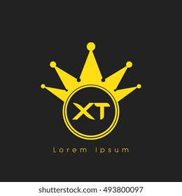 Logo letters X and T yellow crowned. Crown logotype design template on black background