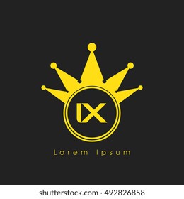 Logo letters I and X yellow crowned. Crown logotype design template on black background