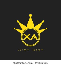 Logo letters x and a yellow crowned. Crown logotype design template on black background