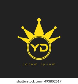 Logo letters y and d yellow crowned. Crown logotype design template on black background