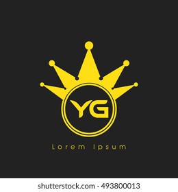 Logo letters Y and G yellow crowned. Crown logotype design template on black background