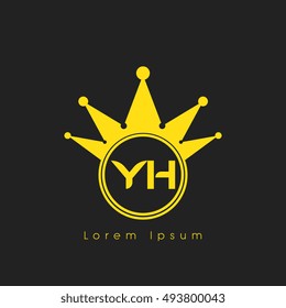 Logo letters Y and H yellow crowned. Crown logotype design template on black background
