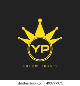 Logo letters Y and P yellow crowned. Crown logotype design template on black background