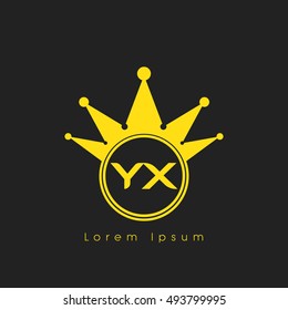 Logo letters Y and X yellow crowned. Crown logotype design template on black background