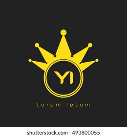 Logo letters Y and I yellow crowned. Crown logotype design template on black background