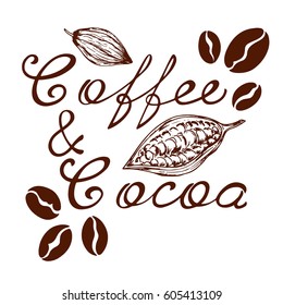 Logo with letting coffee and cocoa, cocoa beans and coffee beans in retro style