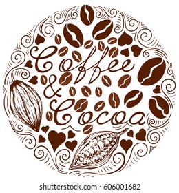 Logo with letting coffee and cocoa, cocoa beans and coffee beans in retro style