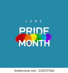 Logo lgbt 2022 pride month june with hand drawn rainbow. Symbol of pride month support. Vector illustration. Isolated by layers on blue for any design. Human rights or diversity concept.