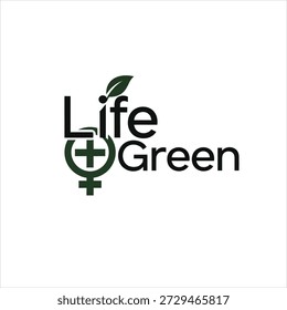 A logo for Life Green featuring a stylized leaf and a symbol combining a plus sign and the female symbol.