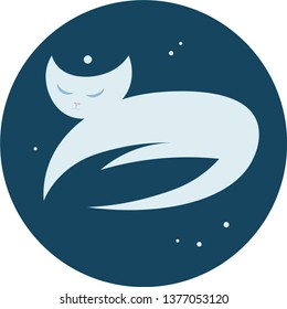 A logo with light blue cat lying on the background of dark blue sky with some little stars