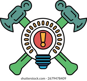 A logo with a light bulb and hammer on it. The logo is meant to represent the idea of creativity and innovation
