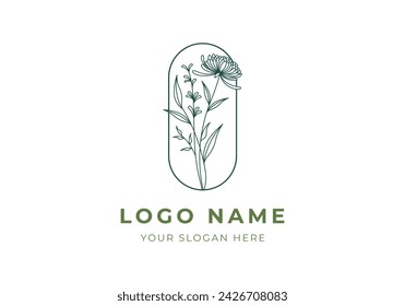 Logo Line Dandelion Flower with rounded border. Line art, boho, floral, classic, logo design, editable color
